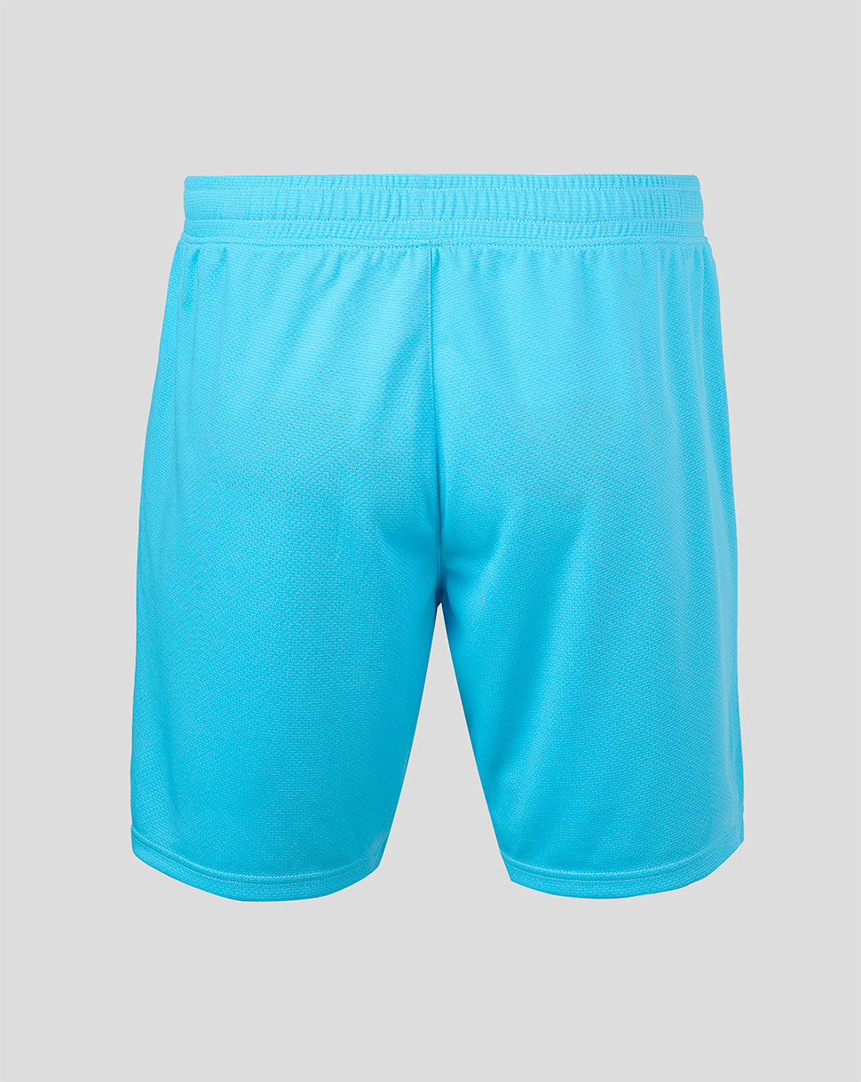 Bright turquoise blue athletic shorts with an elastic waistband, shown from the back on a solid gray background.