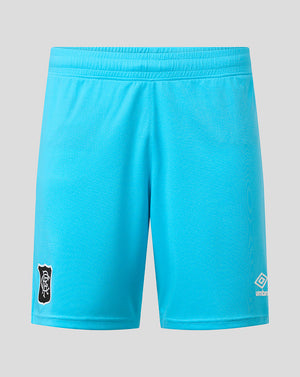 Bright turquoise soccer shorts with an elastic waistband, featuring a black and white club crest on the left leg and a white Umbro logo on the right leg, shown against a solid gray background.