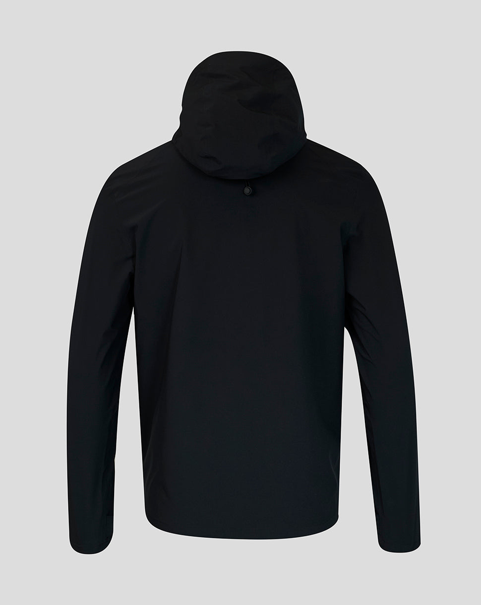 Back view of black FC Twente hooded training jacket with hood up
