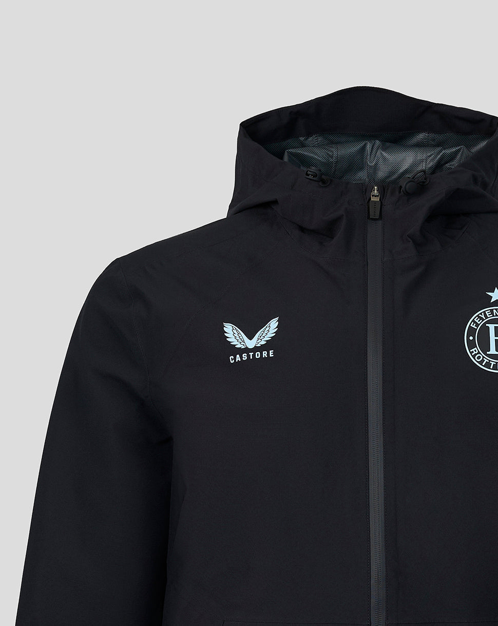 Close up of black Feyenoord training jacket chest area with Castore logo on the left and club crest on the right