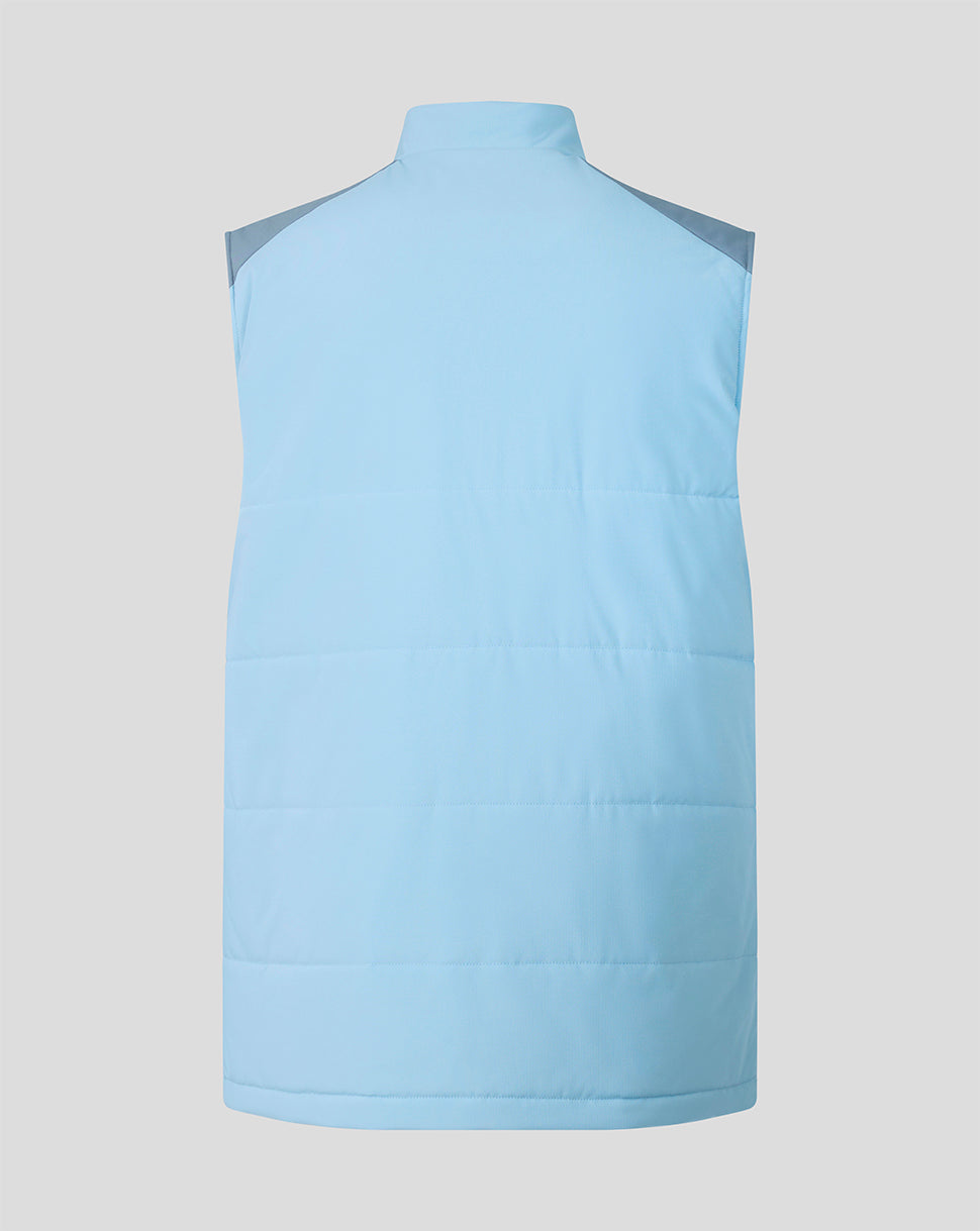 Back view of the light blue FC Twente training gilet with horizontal quilted panels.