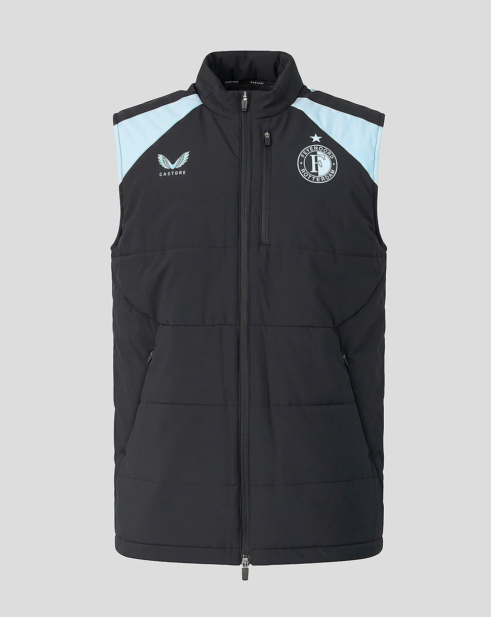 Unisex Feyenoord training gilet in black with light blue shoulders and full front zipper club badge.