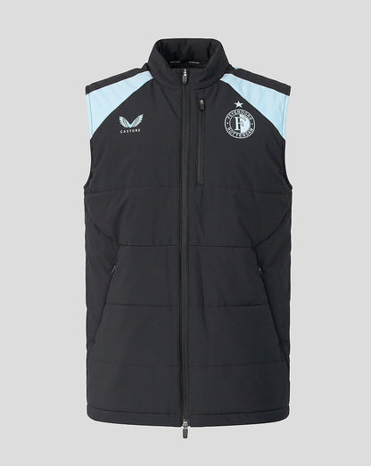 Unisex Feyenoord training gilet in black with light blue shoulders and full front zipper club badge.