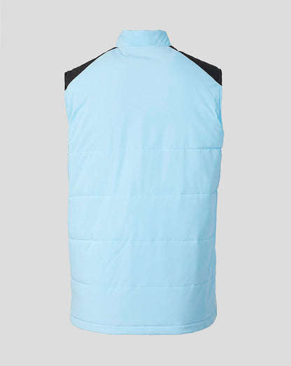 Back view of a light blue quilted unisex training gilet with black shoulder panels