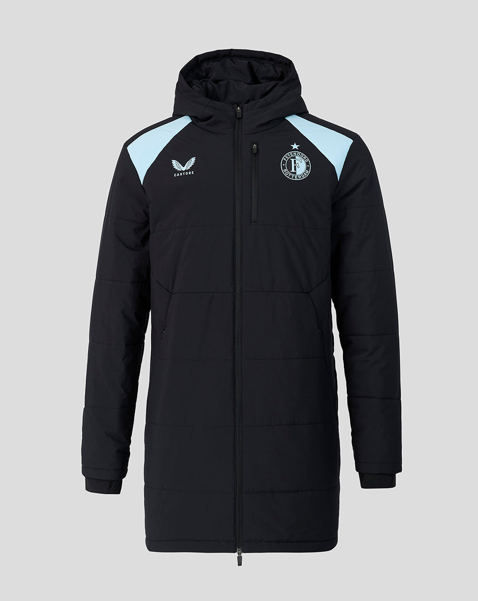 Front view of Feyenoord training padded jacket in black with light blue shoulder panels and a hood