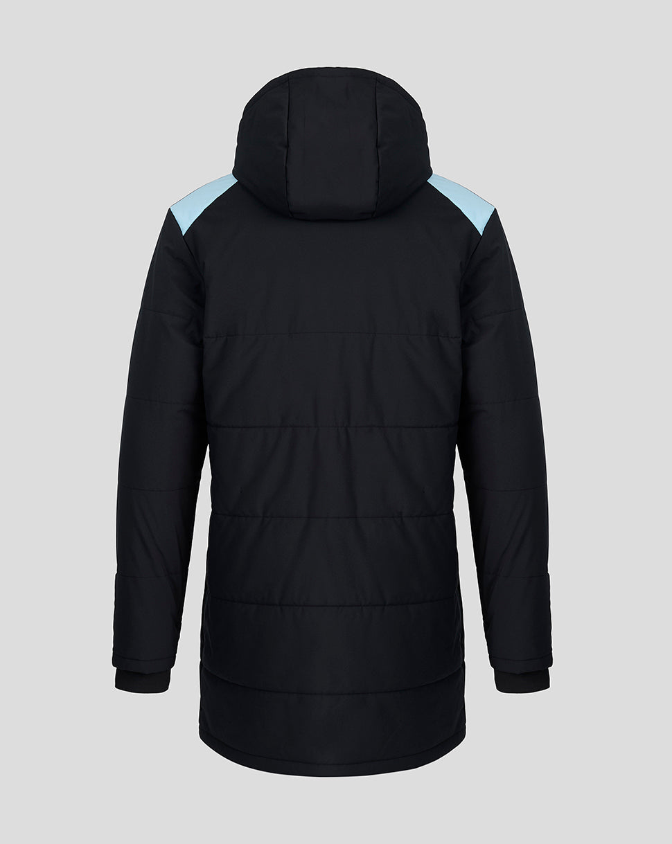 Back view of black padded Feyenoord training jacket with light blue shoulder panels and hood