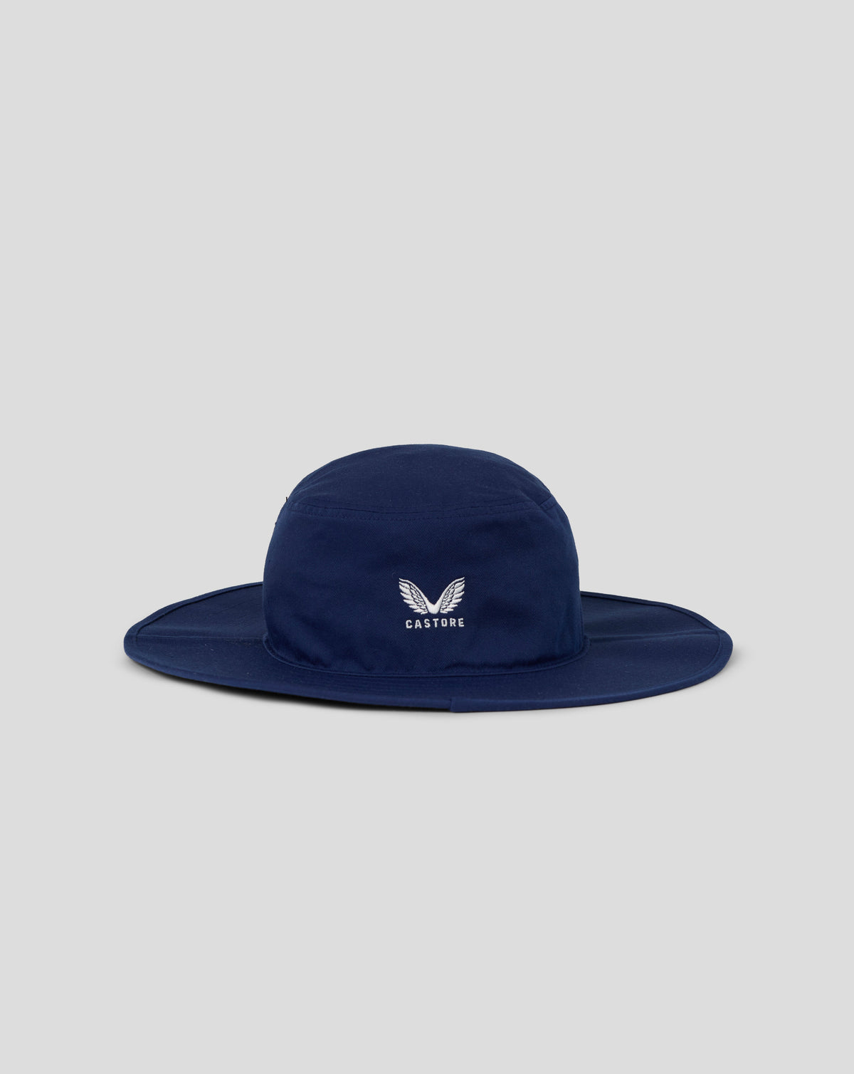 Navy blue bucket hat with a logo on a light gray background