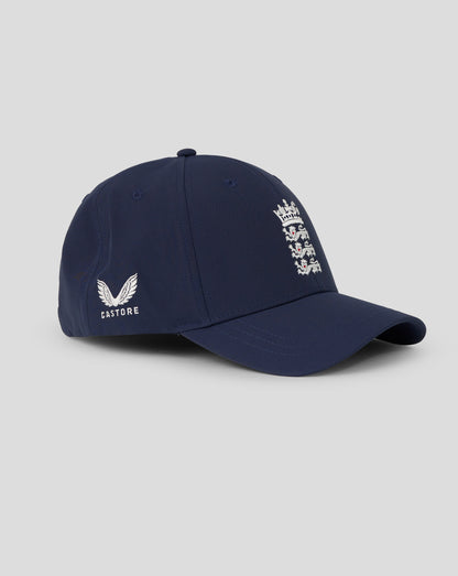 Navy blue cap with white branding on a light gray background
