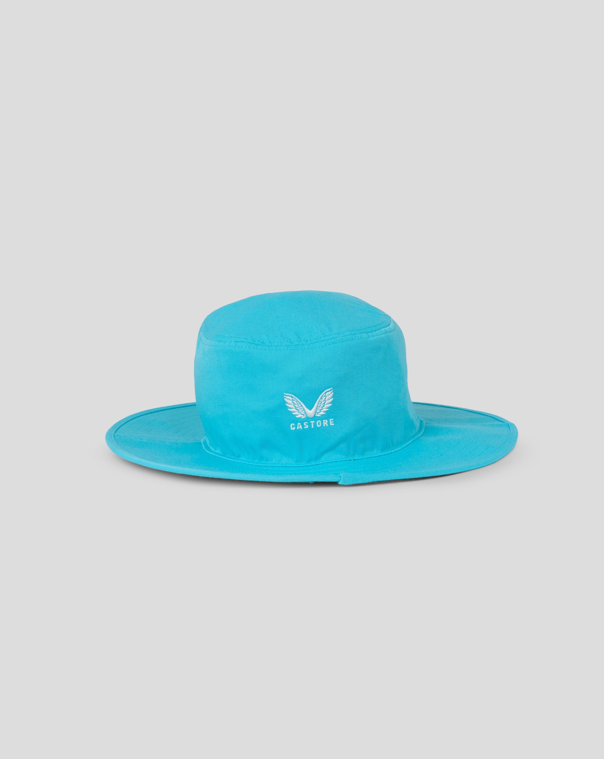 Turquoise bucket hat with a logo on a gray background