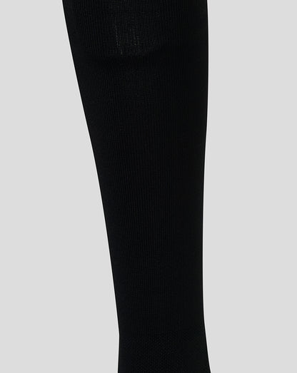 Close-up of a black ribbed knit sock, shown against a light gray background.