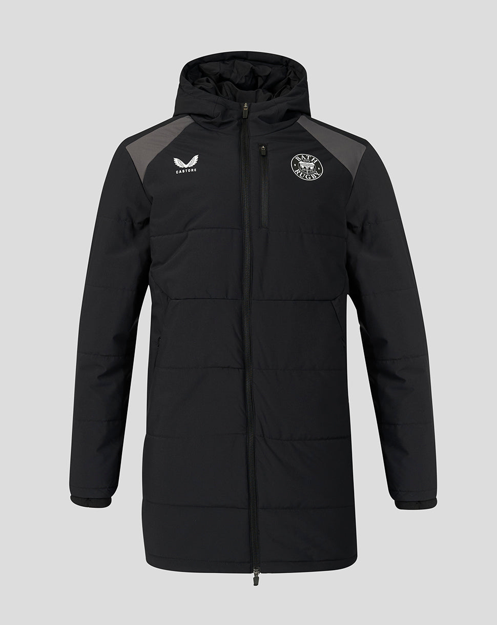 A black hooded puffer jacket with gray shoulder panels, featuring the white Ermenego logo on the right chest and a white circular crest on the left chest, displayed against a solid gray background.