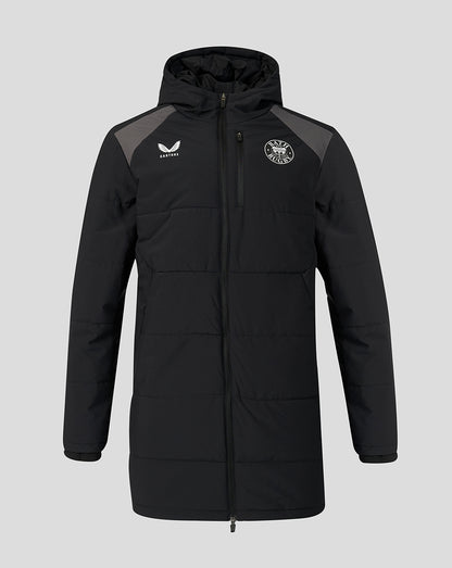 A black hooded puffer jacket with gray shoulder panels, featuring the white Ermenego logo on the right chest and a white circular crest on the left chest, displayed against a solid gray background.