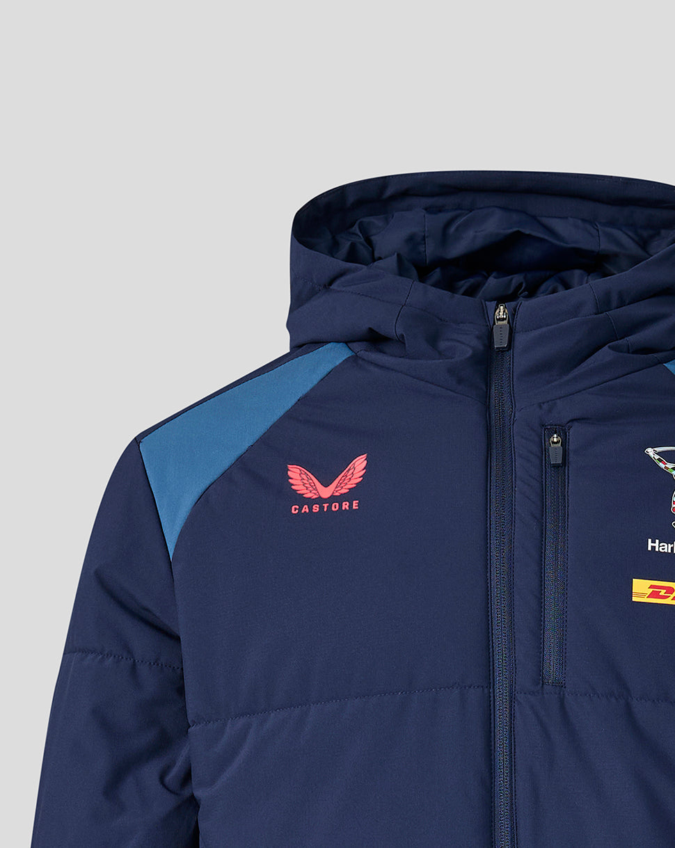 Navy blue jacket with a red logo on a light gray background