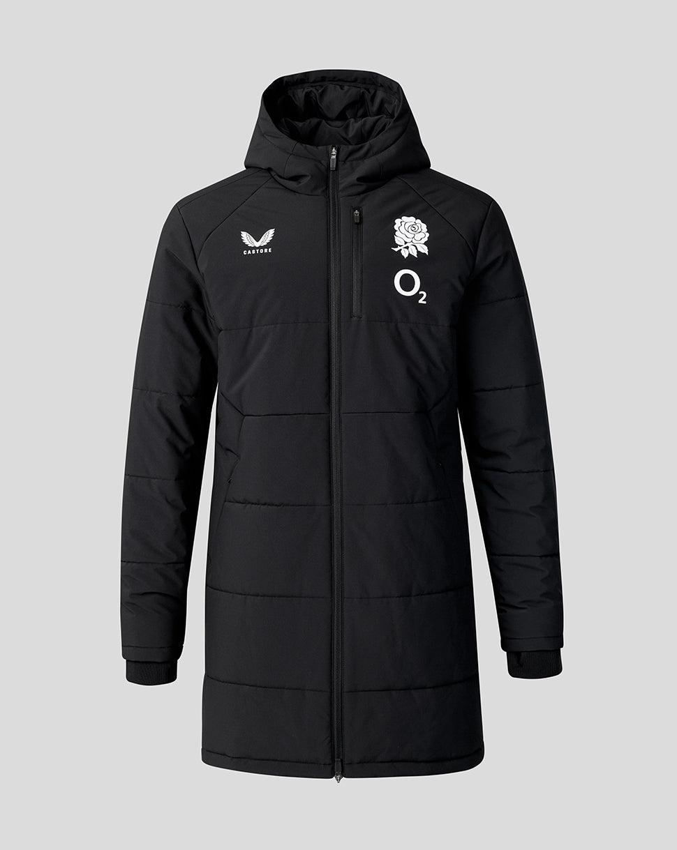 Black jacket with logos on a gray background