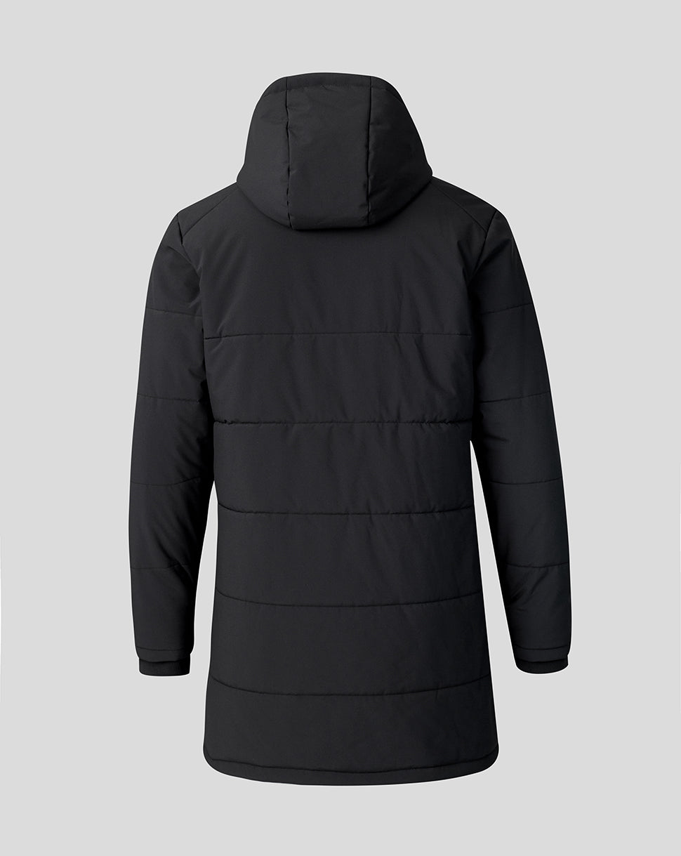 Black puffer jacket on a light gray background