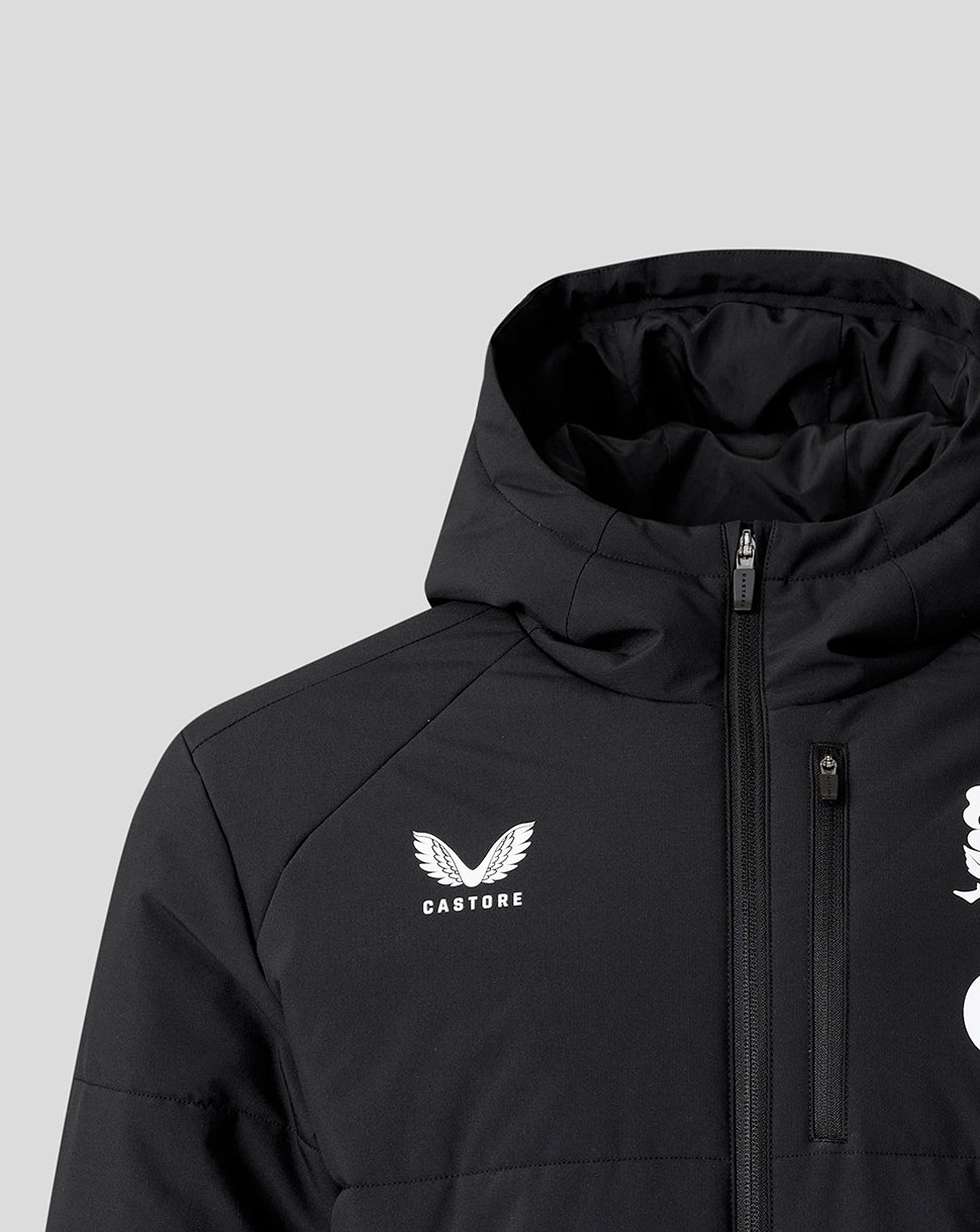 Black jacket with a brand logo on a gray background