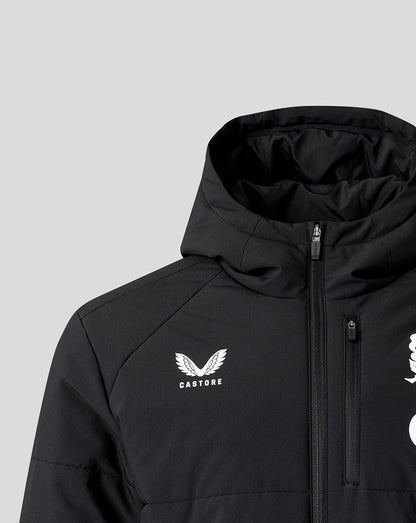 Black jacket with a brand logo on a gray background