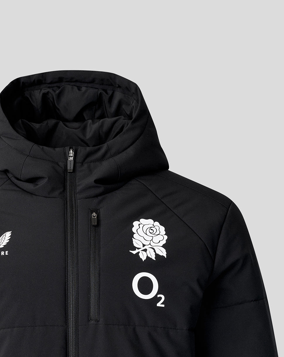Black jacket with white logos on a light gray background