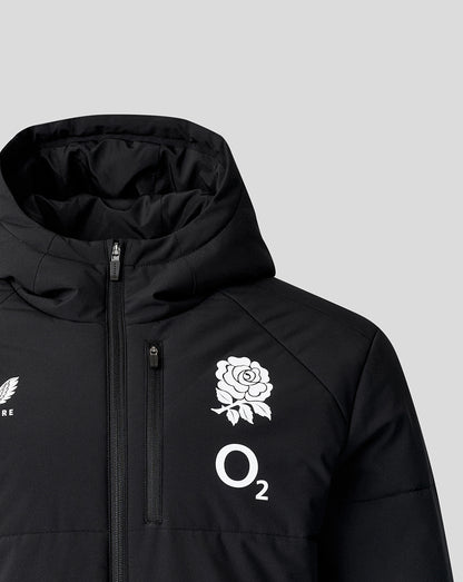 Black jacket with white logos on a light gray background