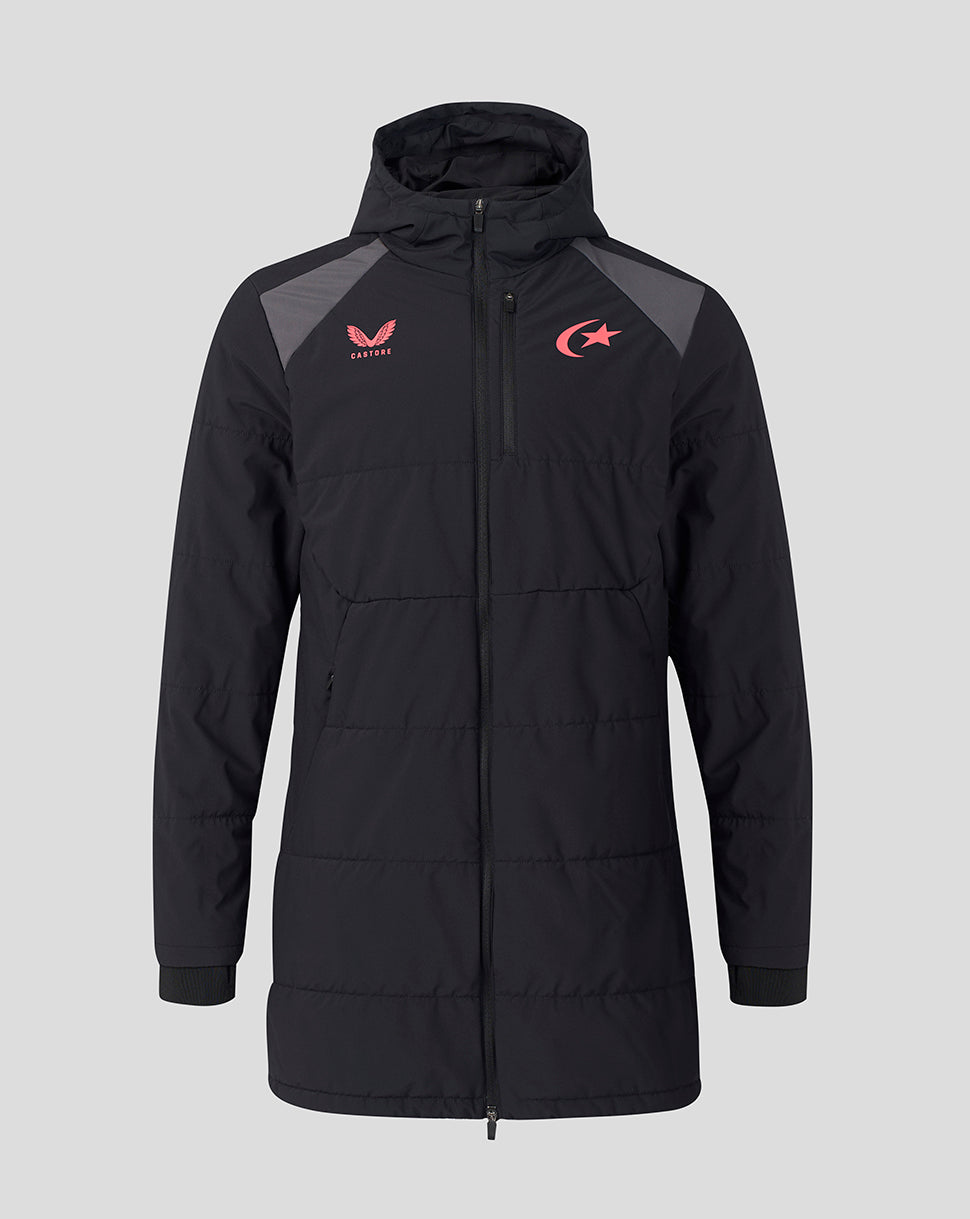 A black hooded puffer jacket with gray shoulder panels and red logo graphics on the chest, displayed against a solid gray background.