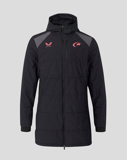 A black hooded puffer jacket with gray shoulder panels and red logo graphics on the chest, displayed against a solid gray background.