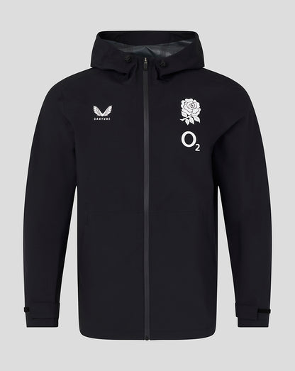 Black jacket with logos on a gray background