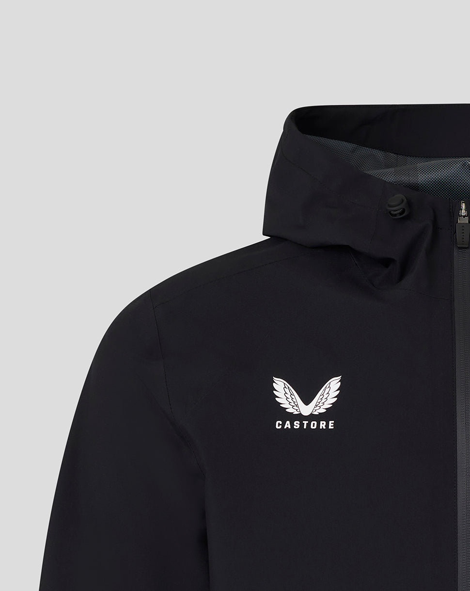Black jacket with a white logo on a light gray background