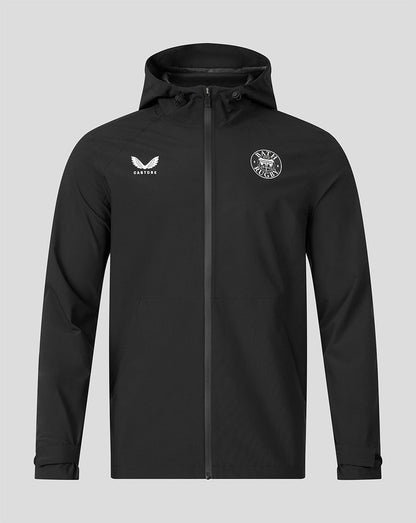A black hooded zip-up jacket with a white Castore logo on the right chest and a circular crest on the left chest, displayed against a solid gray background.