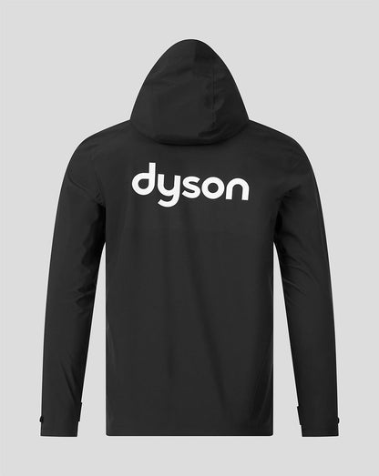A black hooded sweatshirt shown from the back, featuring the word 'dyson' printed in white across the upper back, on a light gray background.