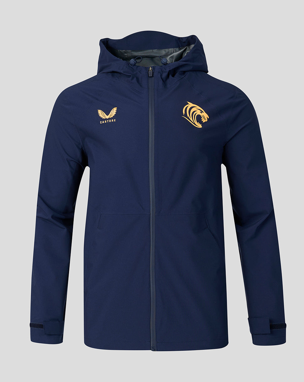 Navy waterproof training rain jacket with hood showing gold Casture wing logo and tiger crest on chest