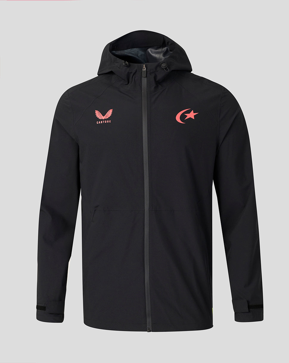 A black hooded zip-up jacket with a full front zipper, featuring a red winged logo with 'Castore' on the left chest and a red crescent and star logo on the right chest, displayed against a solid light gray background.