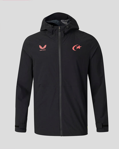 A black hooded zip-up jacket with a full front zipper, featuring a red winged logo with 'Castore' on the left chest and a red crescent and star logo on the right chest, displayed against a solid light gray background.
