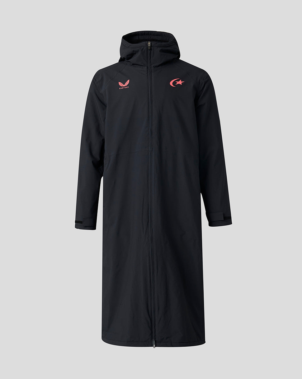 A long black hooded zip-up coat with red embroidered logos on the chest, displayed against a solid light gray background.