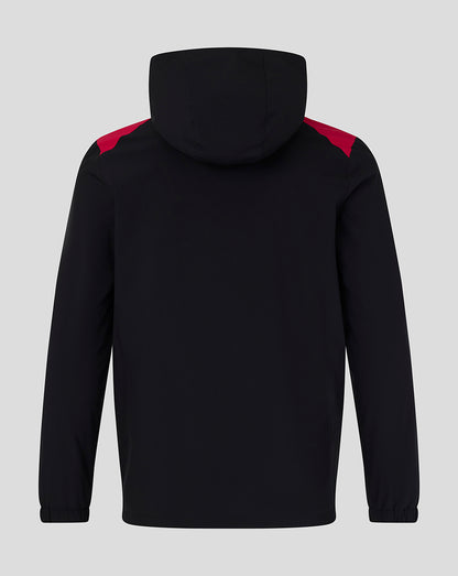 Black hoodie with red accents on a light gray background
