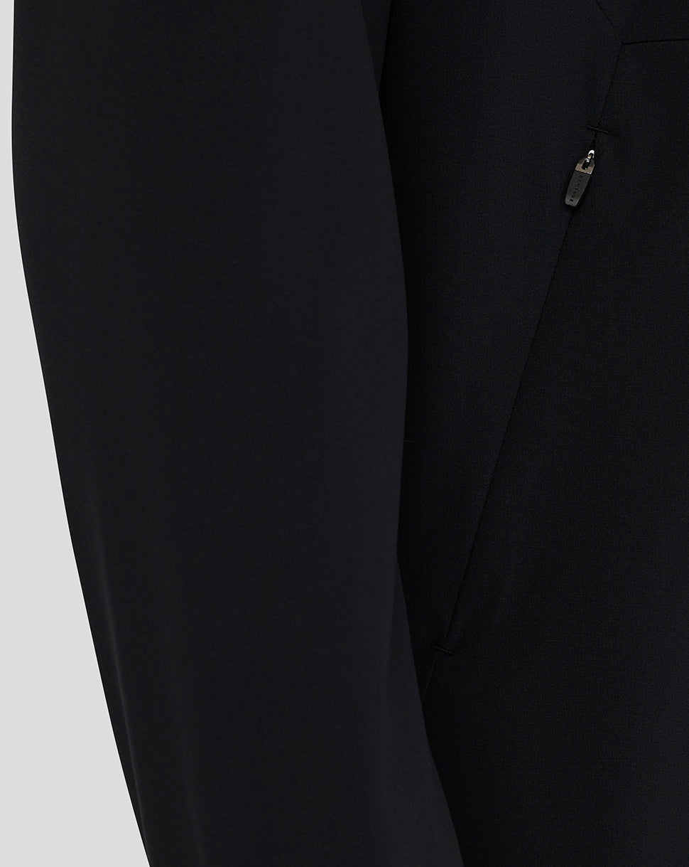 Close-up of black pants with a zipper pocket on a light gray background