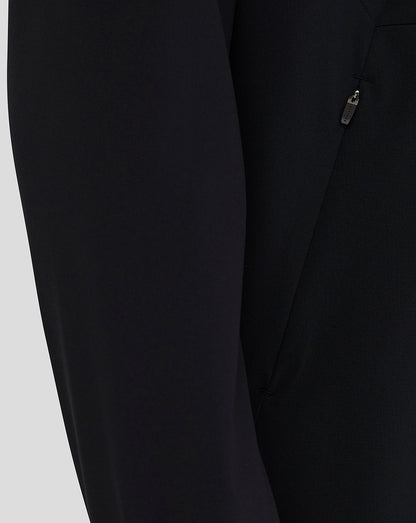 Close-up of black pants with a zipper pocket on a light gray background