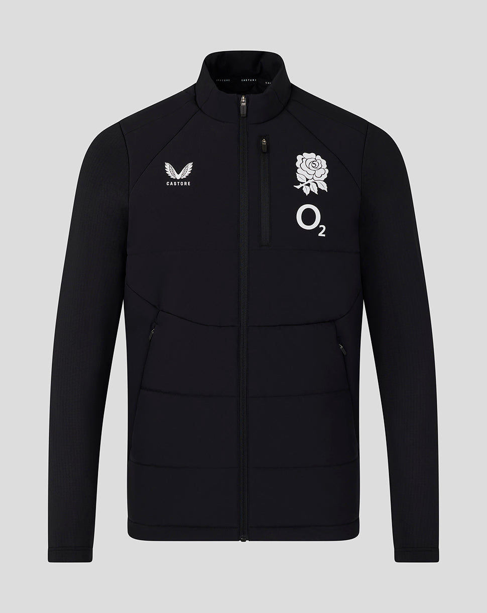 Black jacket with logos on a gray background