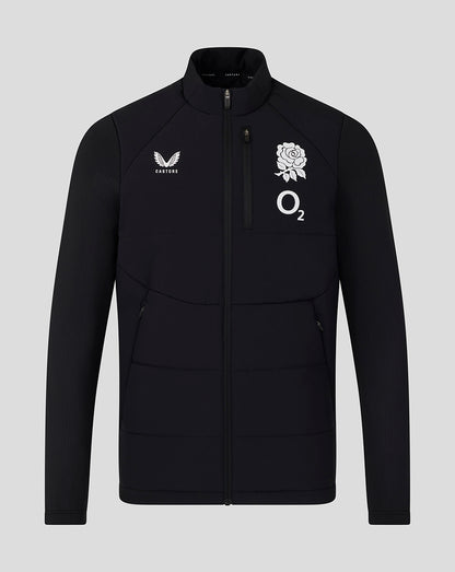 Black jacket with logos on a gray background