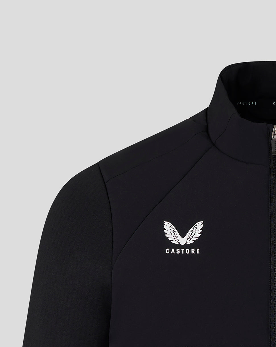 Black jacket with a white logo and text on a light gray background