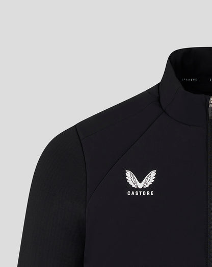 Black jacket with a white logo and text on a light gray background