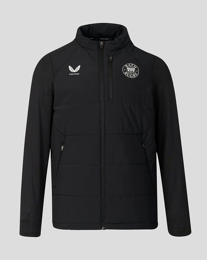 A black full-zip jacket with a stand-up collar, featuring a white castorelogo on the right chest and a circular club crest on the left chest, displayed on a solid gray background.