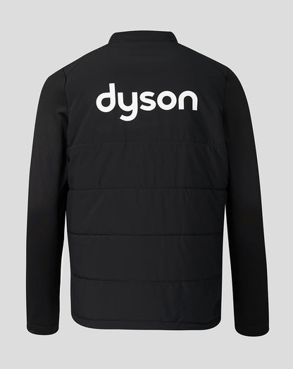 Black long-sleeve puffer jacket with a white 'dyson' logo printed across the upper back, shown on a solid light gray background.