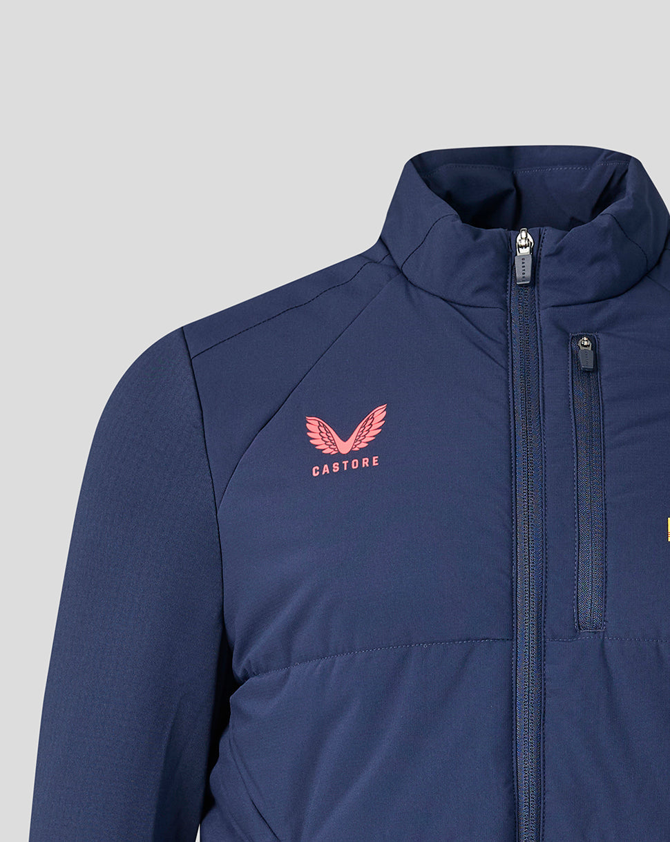 Navy blue jacket with a pink logo on a light gray background