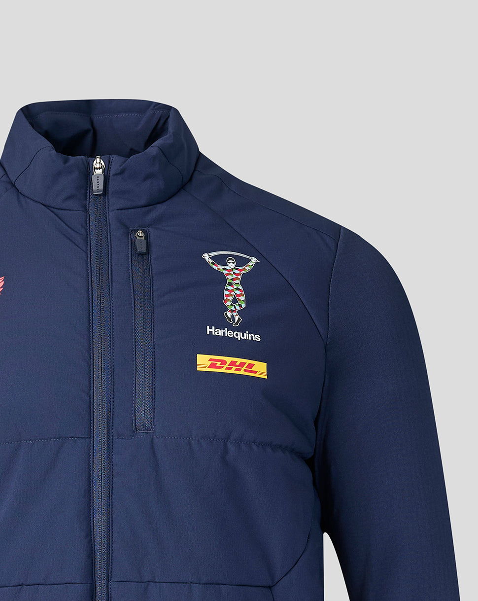 Navy blue jacket with Harlequins and DHL logos on a light gray background