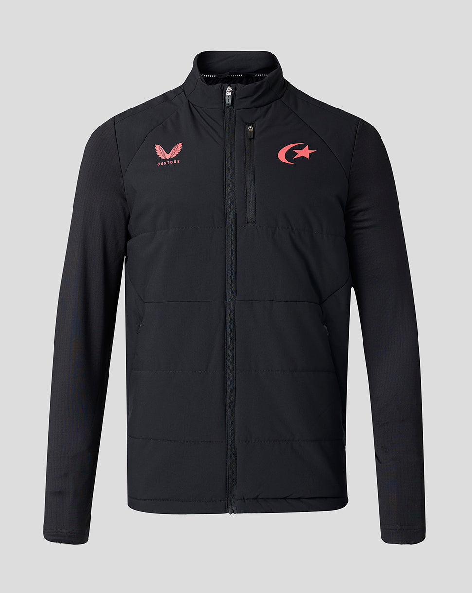 A black full-zip jacket with a high collar, featuring a red Saracens logo on the left chest and a red winged emblem with the word 'Castore' on the right chest, displayed against a solid gray background.