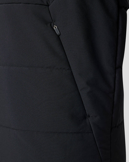 Close-up of a black puffer jacket showing horizontal quilted stitching, a side zippered pocket, and a dark zipper pull.