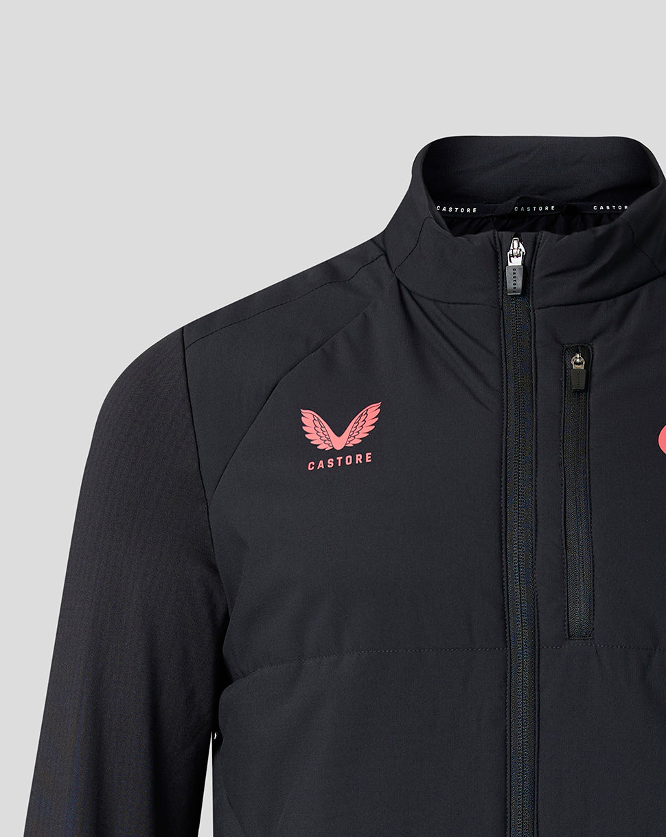 A close-up of a black athletic jacket featuring a pink winged logo and the brand name 'CASTORE' on the left chest, set against a solid light gray background.