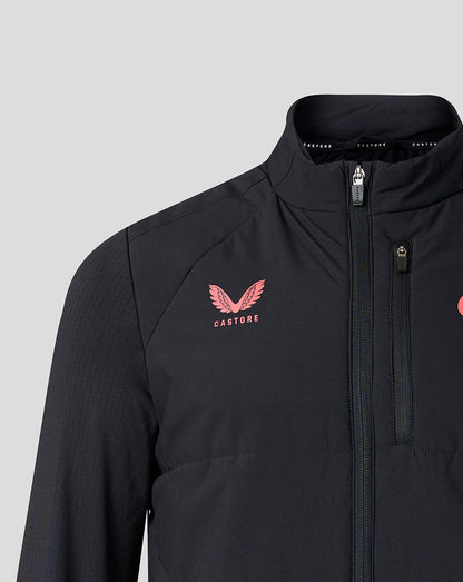 A close-up of a black athletic jacket featuring a pink winged logo and the brand name 'CASTORE' on the left chest, set against a solid light gray background.