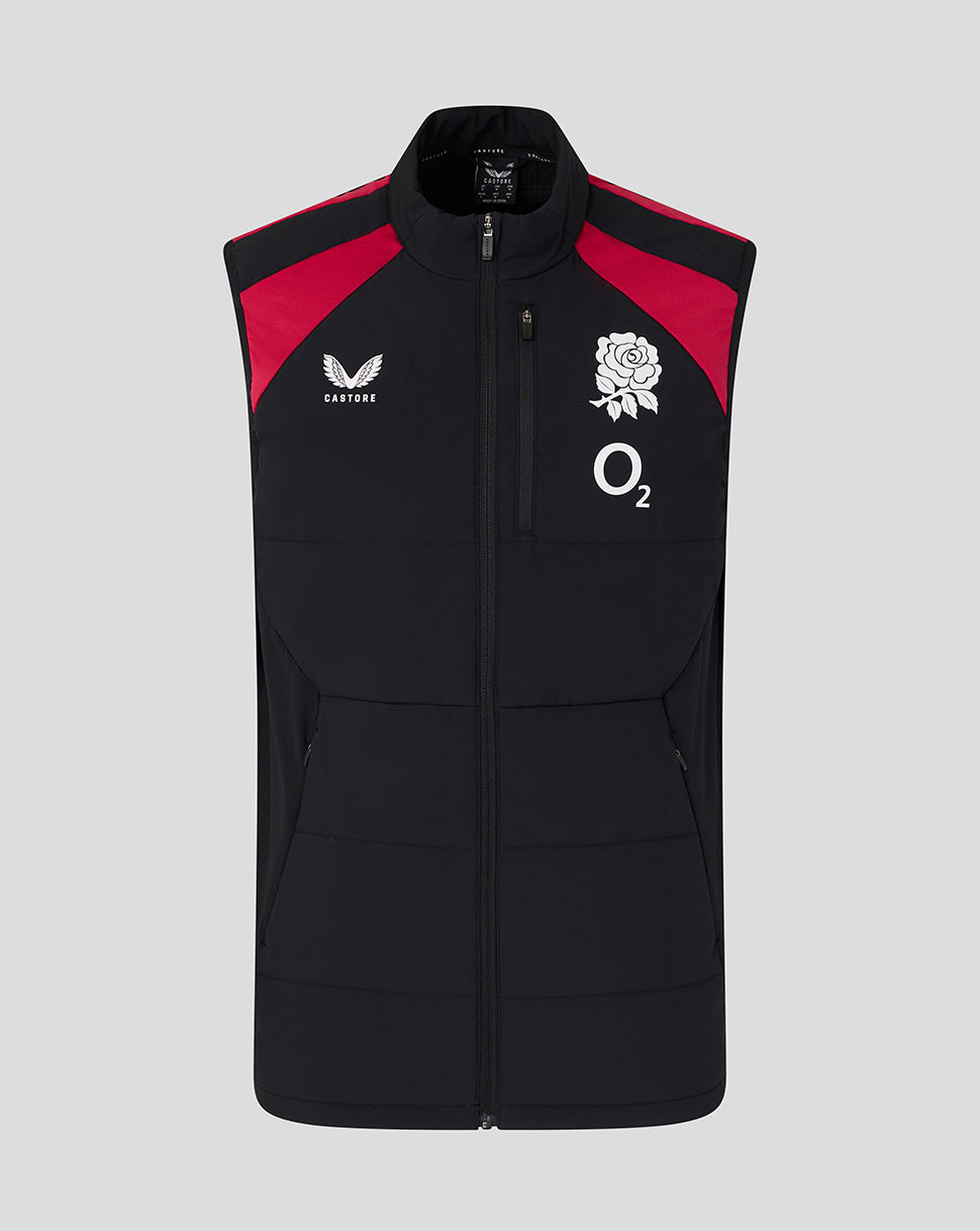 Black and red vest with logos on a gray background