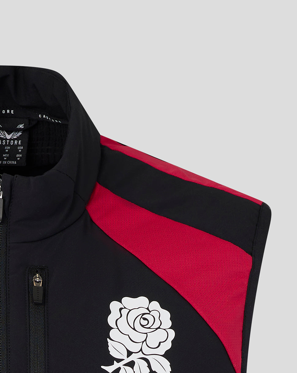 Black and red jacket with a white rose emblem on a light gray background